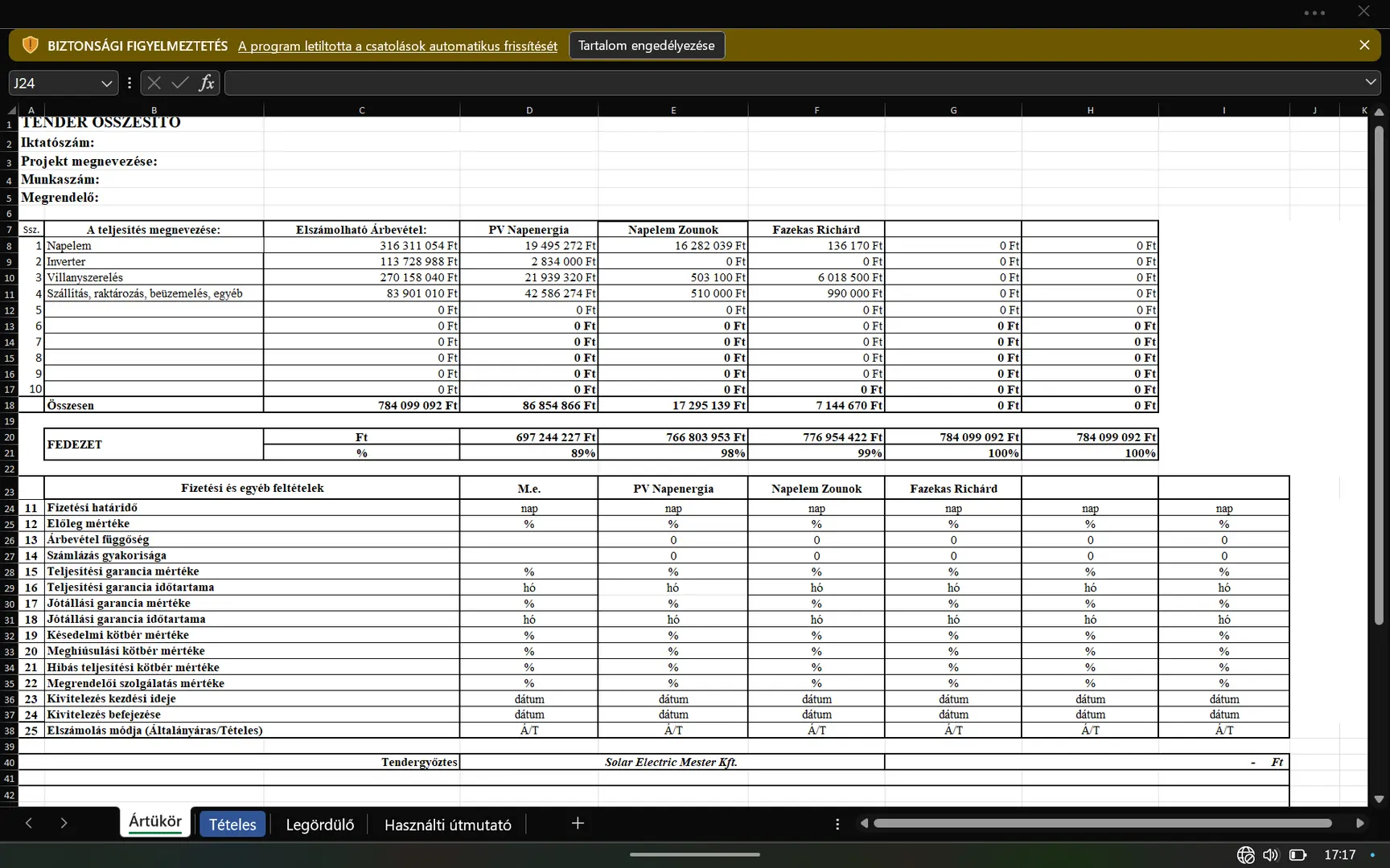 Ártükör összesítő munkalap