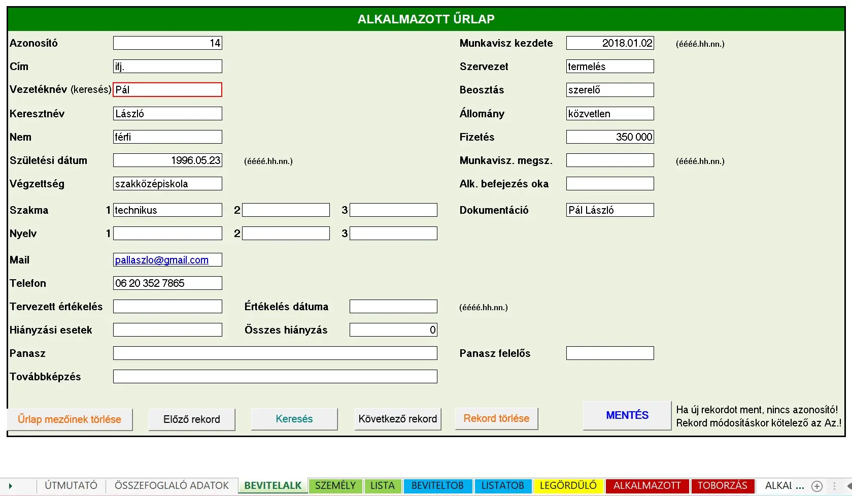 Egy beviteli űrlap adatbázishoz