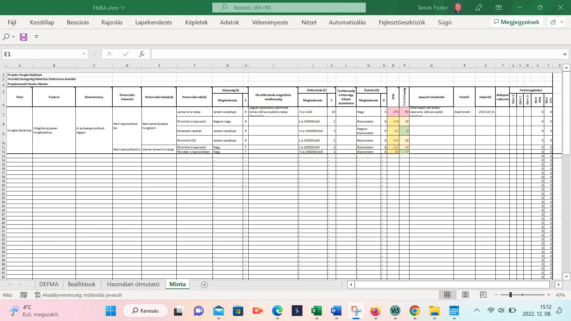 FMEA Excel táblázat