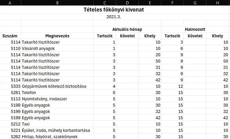 Tételes főkönyvi kivonat Főkönyvi kivonat