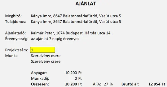 Vállalkozói ajánlat Ajánlat
