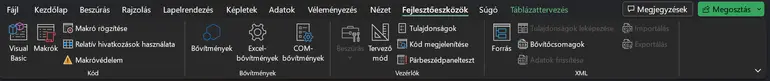 Excel menü Fejlesztési eszközök menü