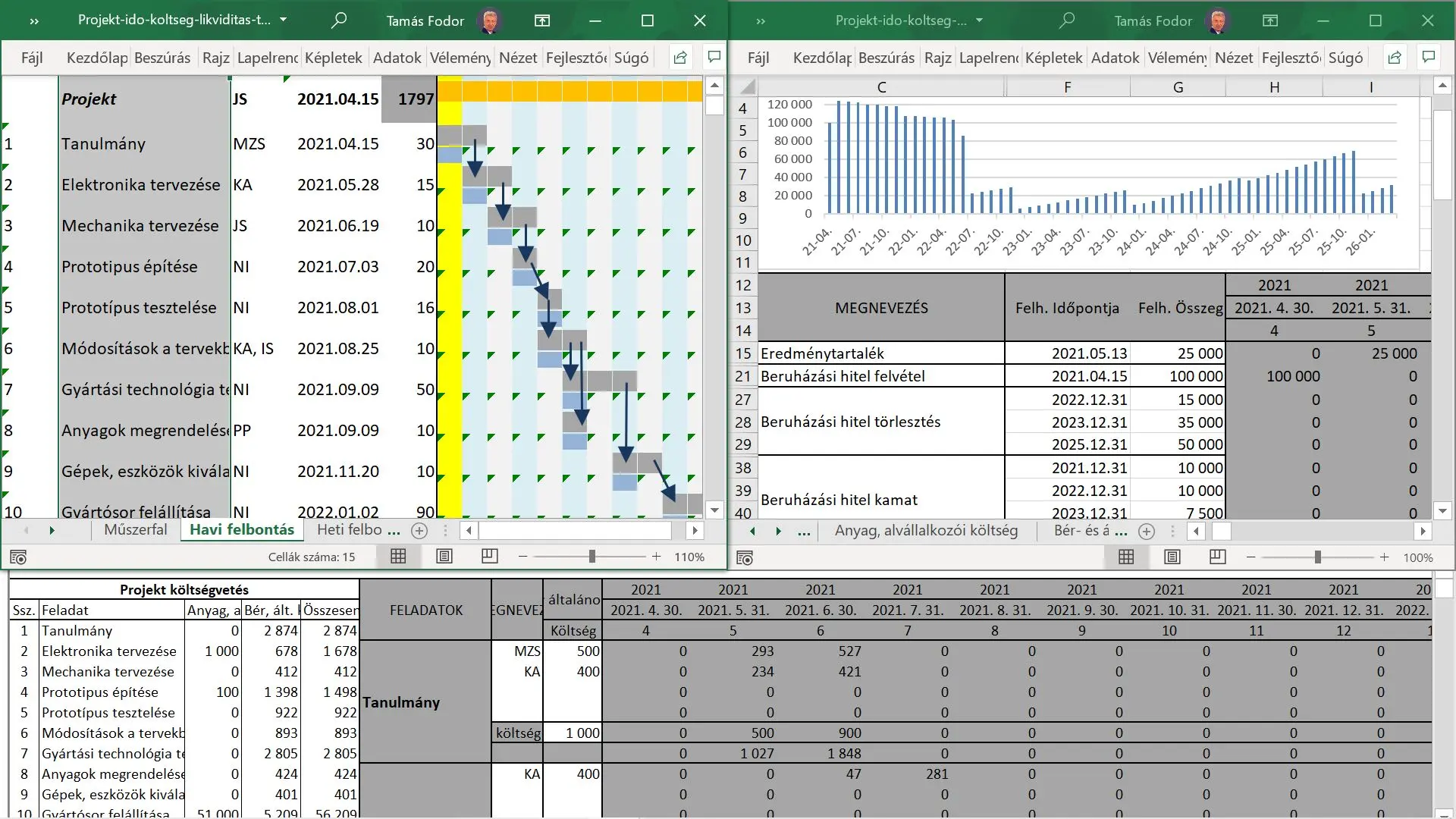 Egyprojektes idő-, költség- és likviditás terv